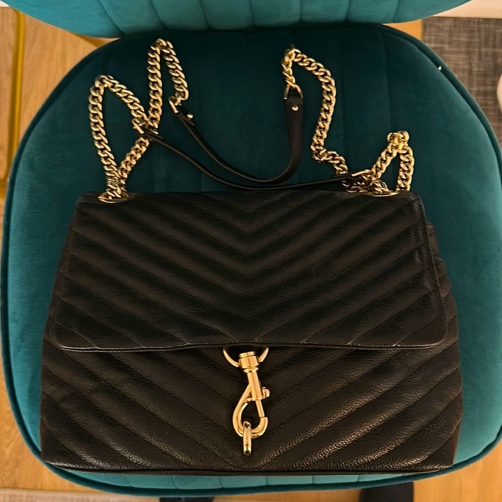 Rebecca Minkoff Black Quilted Leather Chevron Shoulder Bag with Gold Chain